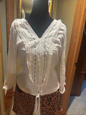 Tribal Cream Eyelet V-Neck Tie Front Tunic